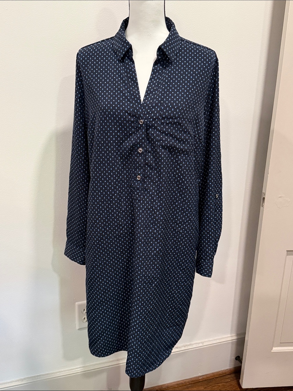 The Limited Navy Dot Pattern Long-Sleeve Shirt Dress Size XL